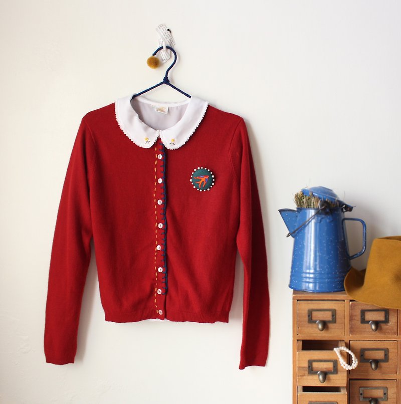 手缝毛线红色改造针织外套 含胸针 - 手提包/手提袋 - 羊毛 红色