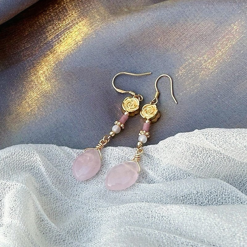 【玫月花晨】垂坠式耳环 - 耳环/耳夹 - 半宝石 粉红色