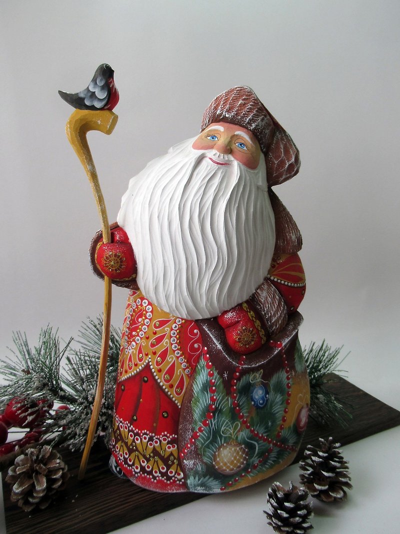 大木制圣诞老人图 手工雕刻圣诞老人 手绘雕塑 30 厘米