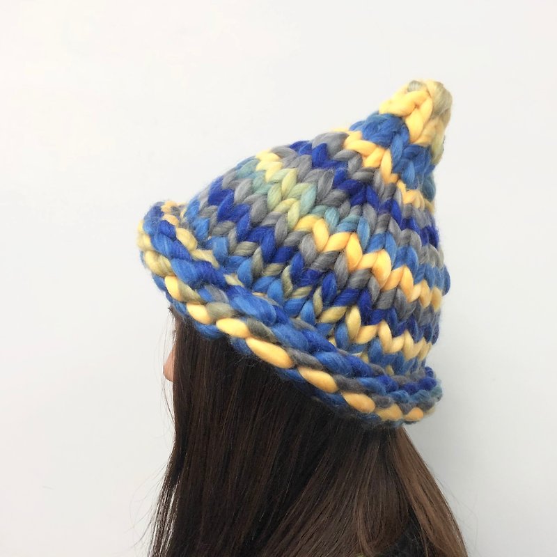 MINIxROSE 粗粗暖和手工织毛线帽--蓝黄 - 帽子 - 聚酯纤维 蓝色