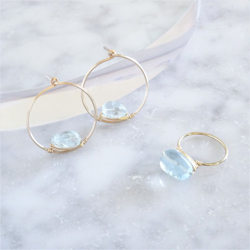 Gift wrapping 14kgf 宝石質 Aquamarine wrapped ring + pierced earring Goody Bag - - 耳环/耳夹 - 宝石 蓝色