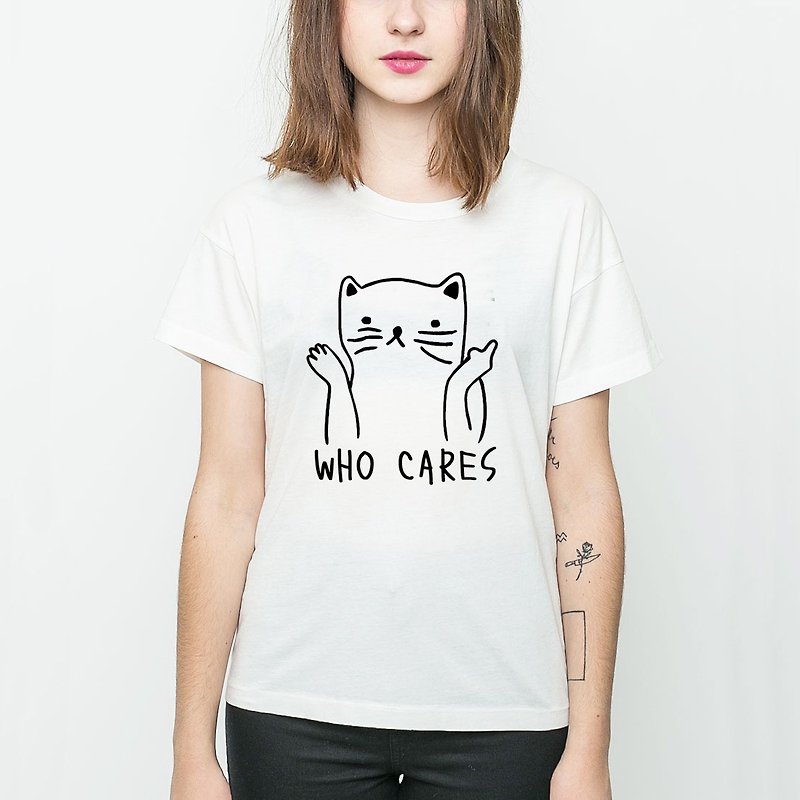 Who Cares Cat #2 男女短袖T恤 白色 柴犬 狗 猫 毛小孩 动物 可爱 趣味 - 女装上衣 - 棉．麻 白色