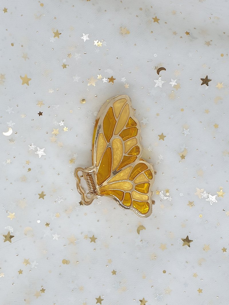 蝴蝶发夹，彩色玻璃 - 金色蝴蝶 - 发饰 - 树脂 黄色