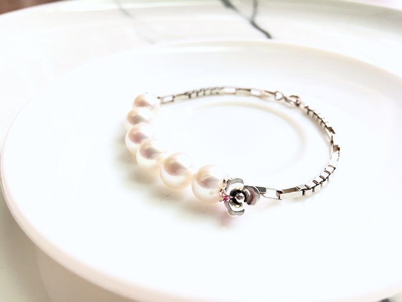 Ops Ruby pearl Dainty Gemstone lucky bracele- 红宝石 /珍珠/细致/手链/幸运/纯银/限定/ - 手链/手环 - 宝石 白色