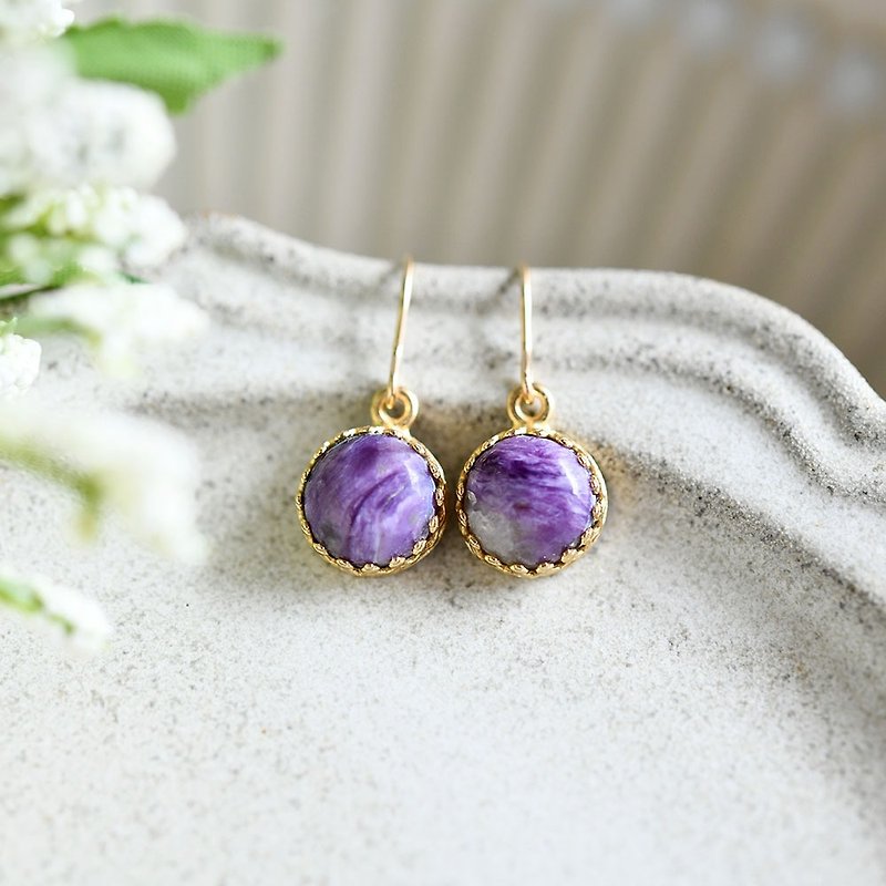 魅惑の美しさを持つ石 チャロアイトのベゼルピアスorイヤリング　ラウンドタイプ - 耳环/耳夹 - 宝石 紫色