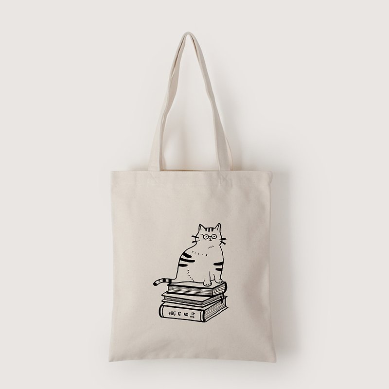 【插画款】猫咪博士-网版印刷 | 直式帆布袋 - 手提包/手提袋 - 棉．麻 白色