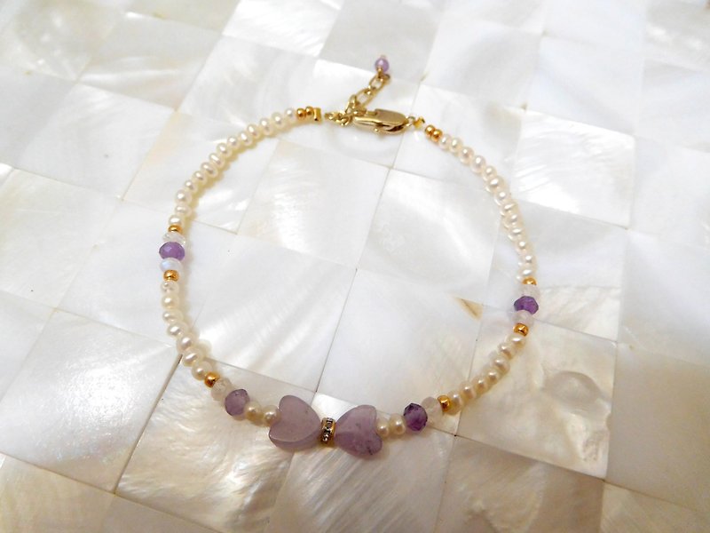 紫白色系爱心宝石珍珠紫水晶手链 长度可订制