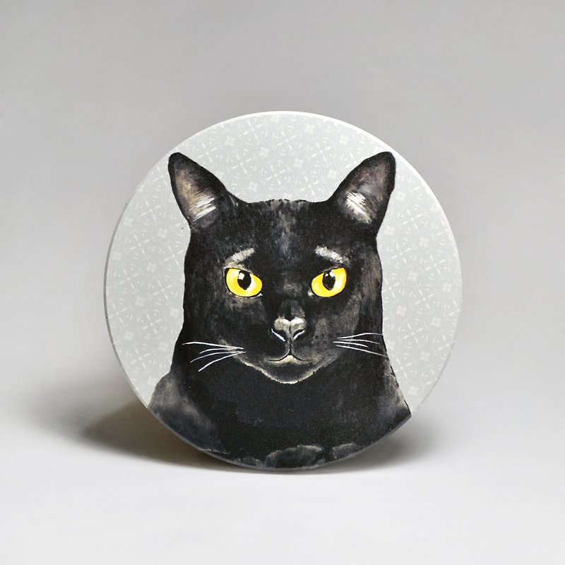 吸水陶瓷杯垫-黑猫 (送贴纸)(可加购定制文字) - 杯垫 - 陶 灰色