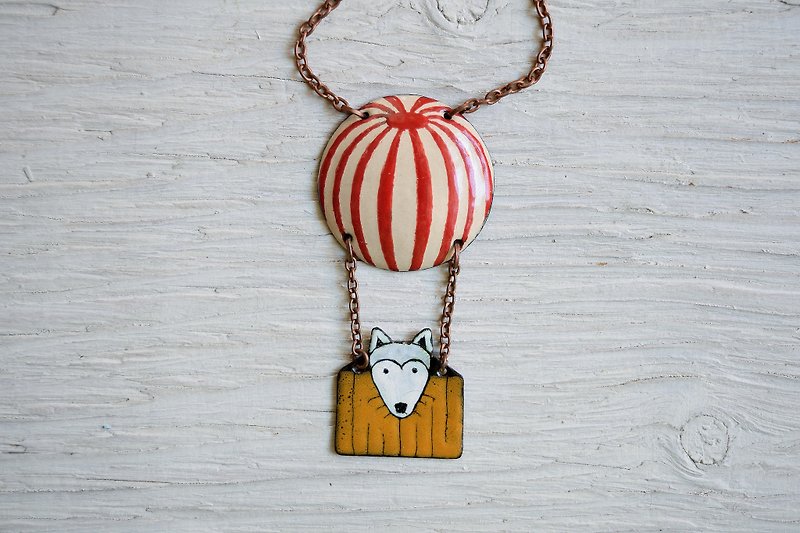White Dog In Air Balloon, Enamel Necklace, Dog Jewelry, Dog Necklace, Red