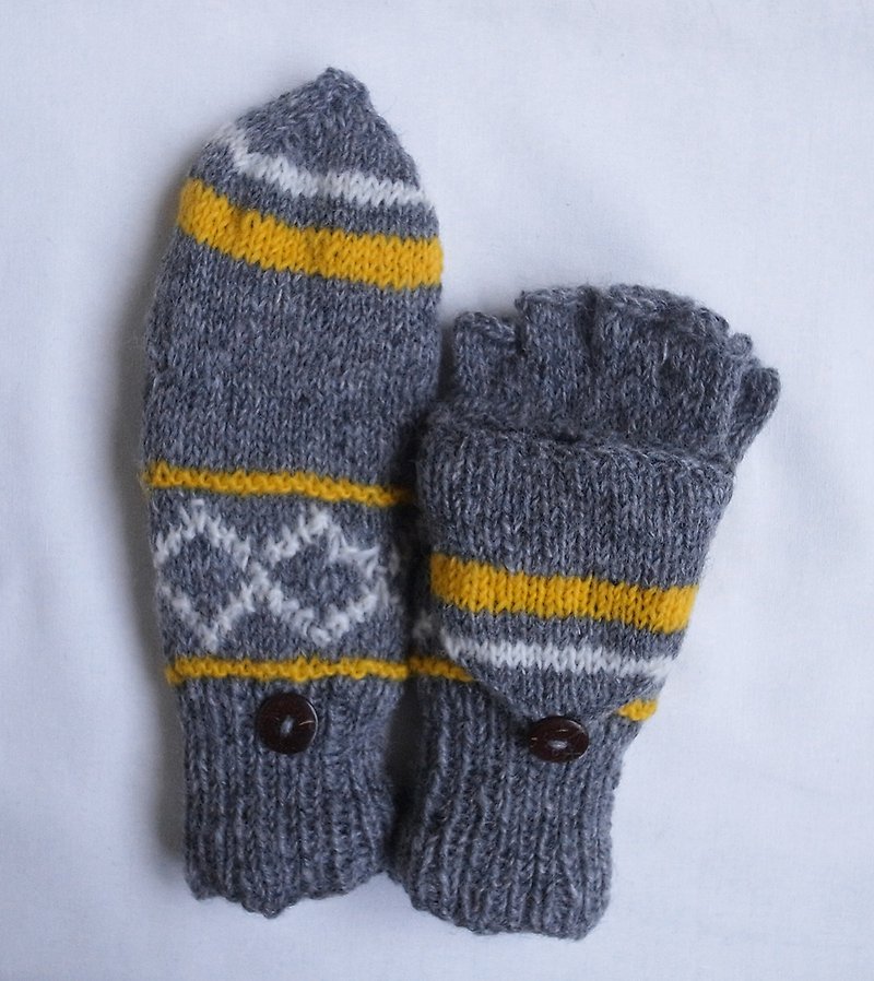 羊毛编织手套  单线编织 合手款 黄 灰底 - 手套 - 羊毛 灰色