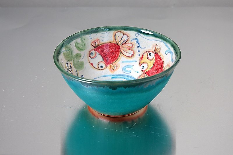 ターコイズと内に金魚絵の椀 - 花瓶/陶器 - 陶 多色