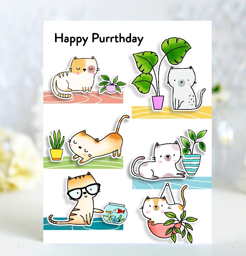 【4张英文生日卡片】可爱猫咪盆栽植物立体手工卡片 - 卡片/明信片 - 纸 多色