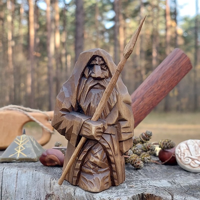 wood norse god figurine Odin statue allfather wodan - 玩偶/公仔 - 木头 咖啡色
