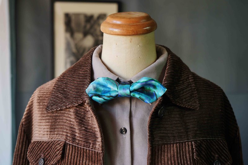 古董布花领带改制手工领结-深海鱼蓝-宽版 - 领结/领巾 - 聚酯纤维 蓝色