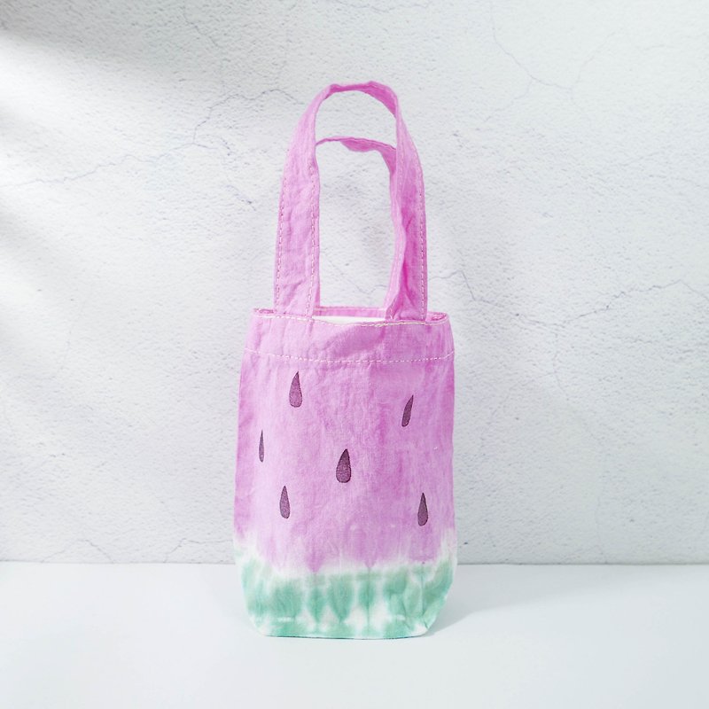 : 红西瓜 : 饮料提袋 环保袋 手提袋 杯套 手染 渲染 染色 - 随行杯提袋/水壶袋 - 棉．麻 粉红色