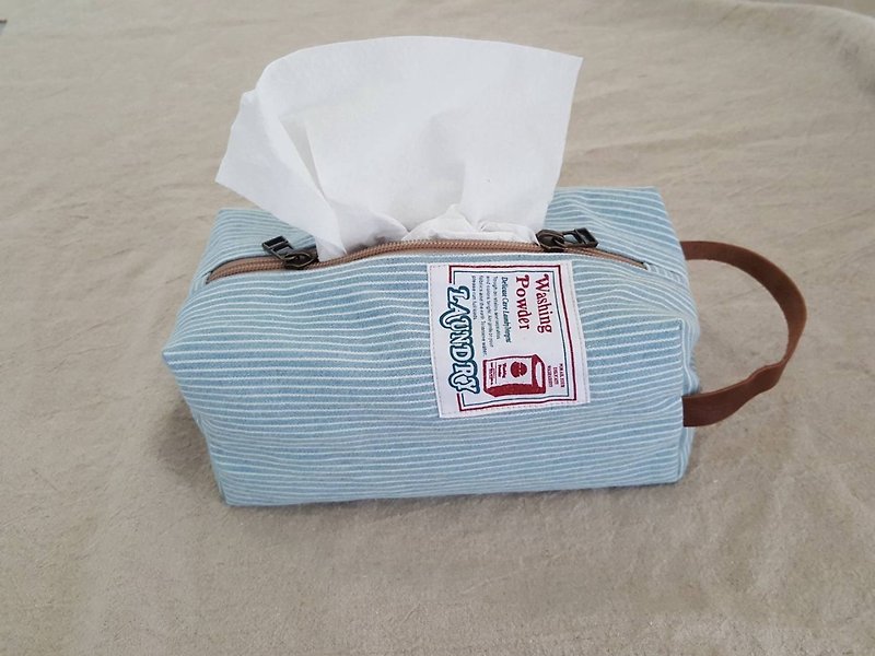【Linkkimokki】家的面纸包 (条纹水洗牛仔) - 纸巾盒 - 棉．麻 