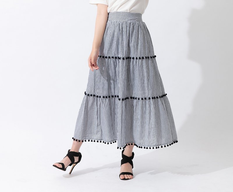 【joliememe】湖畔时光 多层次长裙Stripe Cotton Layered Skirt - 裙子 - 棉．麻 黑色
