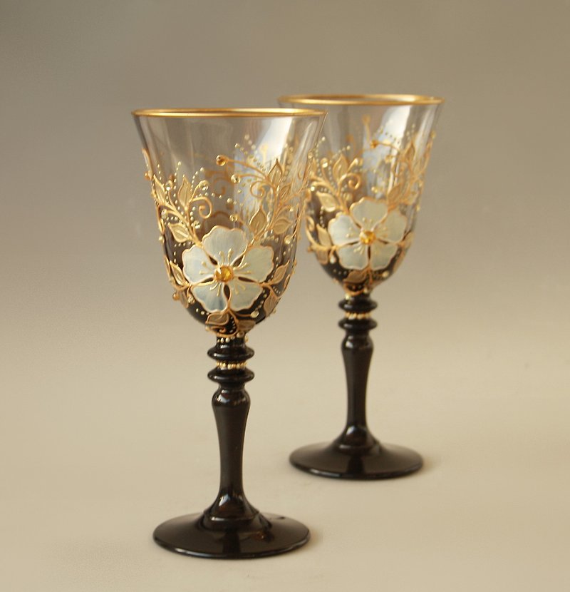 酒杯黑金花朵施华洛世奇水晶，手绘 2 件套 - 酒杯/酒器 - 玻璃 黑色