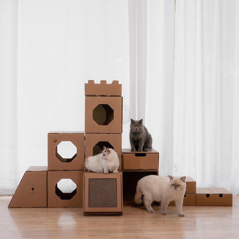 【快块宅|无限扩充的元宇宙豪宅】首创人与猫都能使用的万用猫屋 - 抓板/跳台 - 纸 卡其色