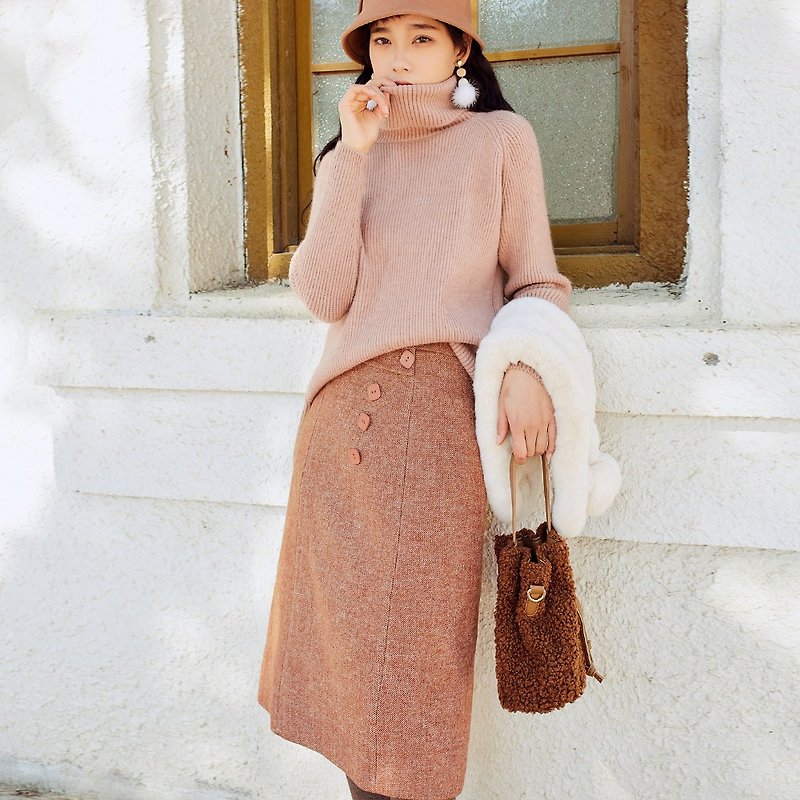 2018女装冬季穿搭前分割斜腰头半身裙 YKD81410 - 裙子 - 其他材质 粉红色