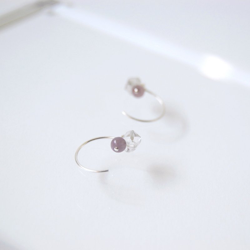 紫色小玉珠 闪灵钻纯银弧形C形耳针耳环 - 耳环/耳夹 - 水晶 透明