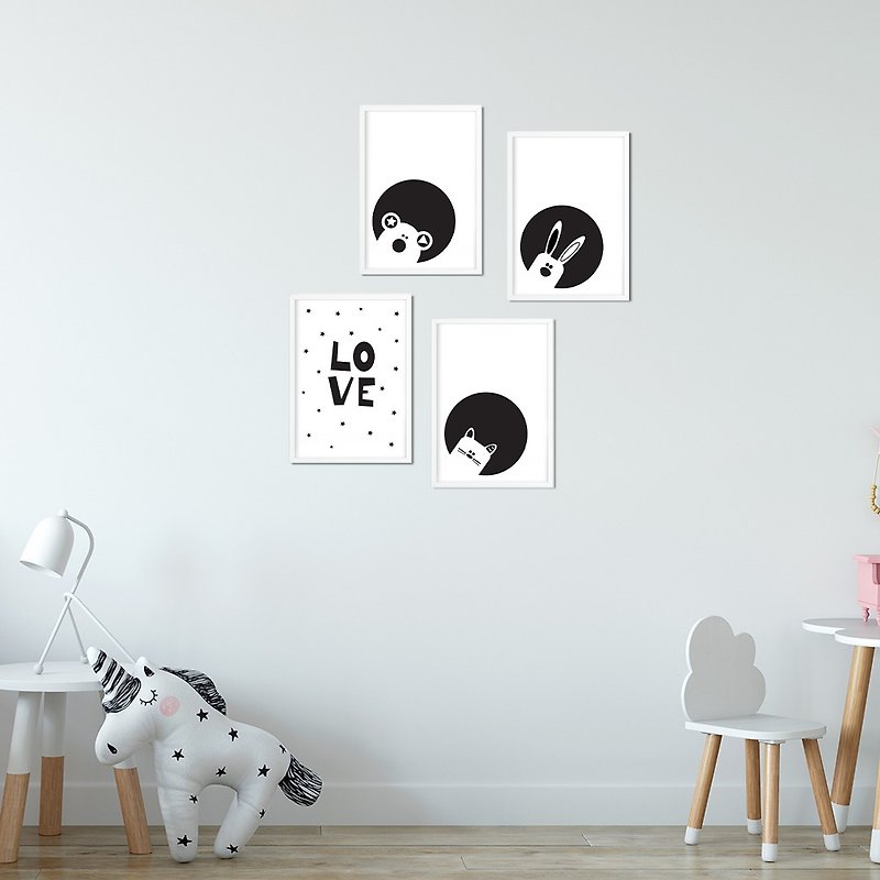 黑白动物版画 | 连框 | 儿童房布置 | 卧室挂画 | 生日送礼 - 海报/装饰画/版画 - 纸 黑色