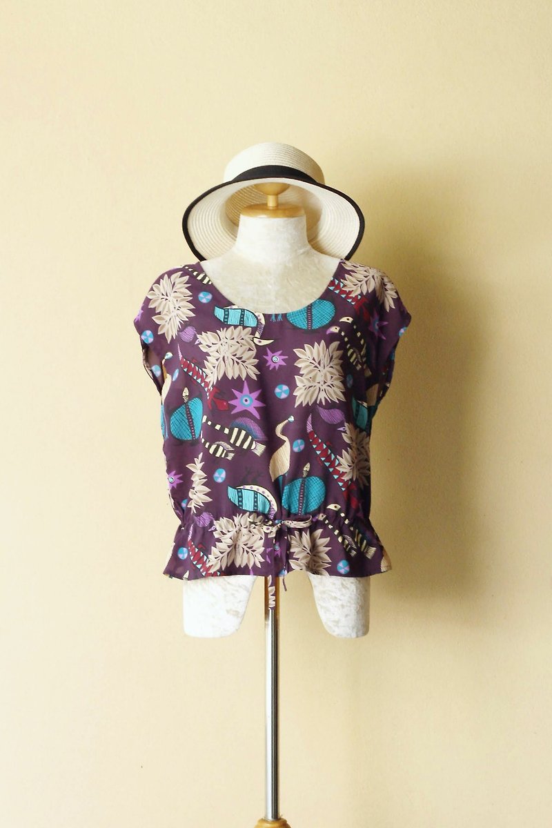 Vintage blouse, playful animal cartoon art - 女装上衣 - 聚酯纤维 紫色