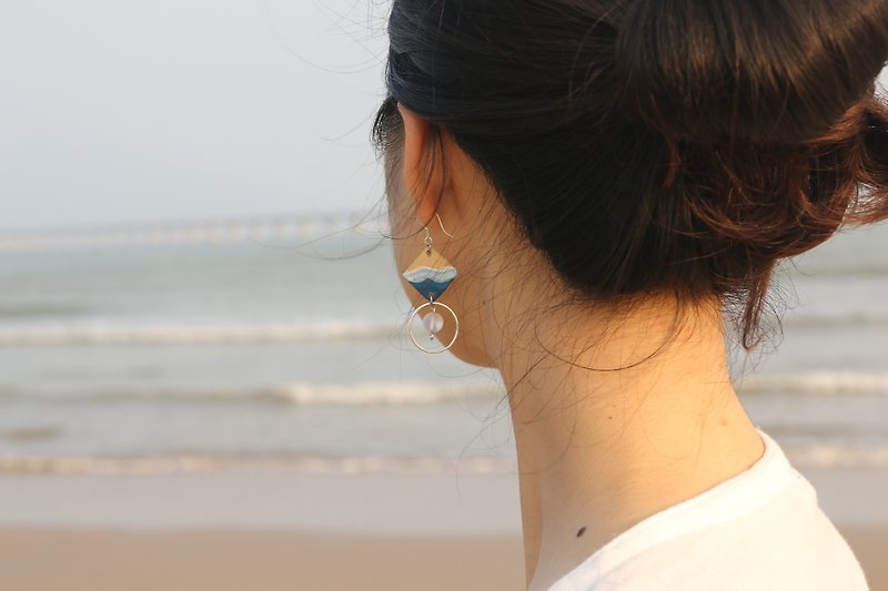蓝色海洋陶瓷耳环耳夹纯银 - 耳环/耳夹 - 陶 蓝色