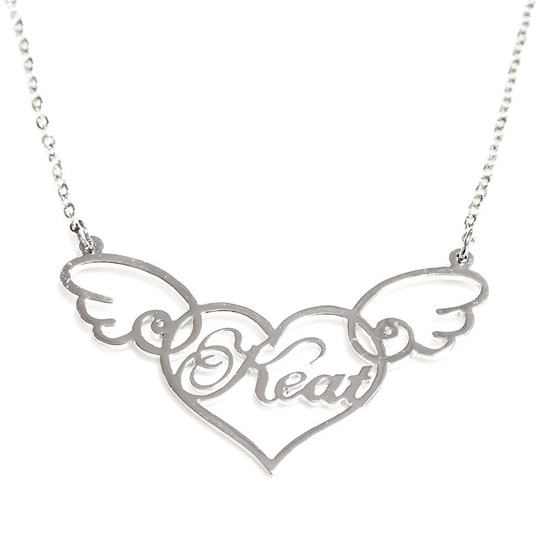 Custom name necklace in heart shape with cute wing - 项链 - 其他金属 银色