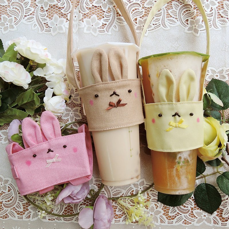 乐乐兔饮料提袋-绝版展示 - 随行杯提袋/水壶袋 - 棉．麻 粉红色