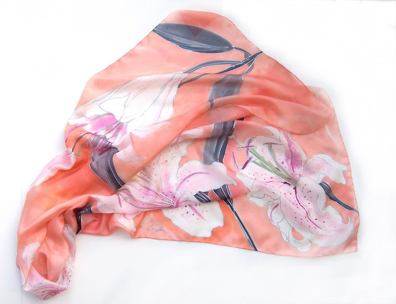 手绘丝巾-桃百合 - 丝巾 - 丝．绢 粉红色