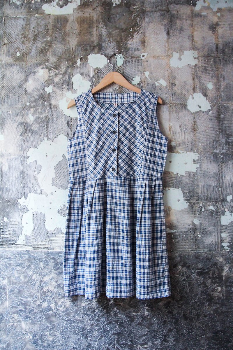 袅袅百货公司- Vintage 蓝色格子棉质无袖洋装 复古着 - 洋装/连衣裙 - 棉．麻 