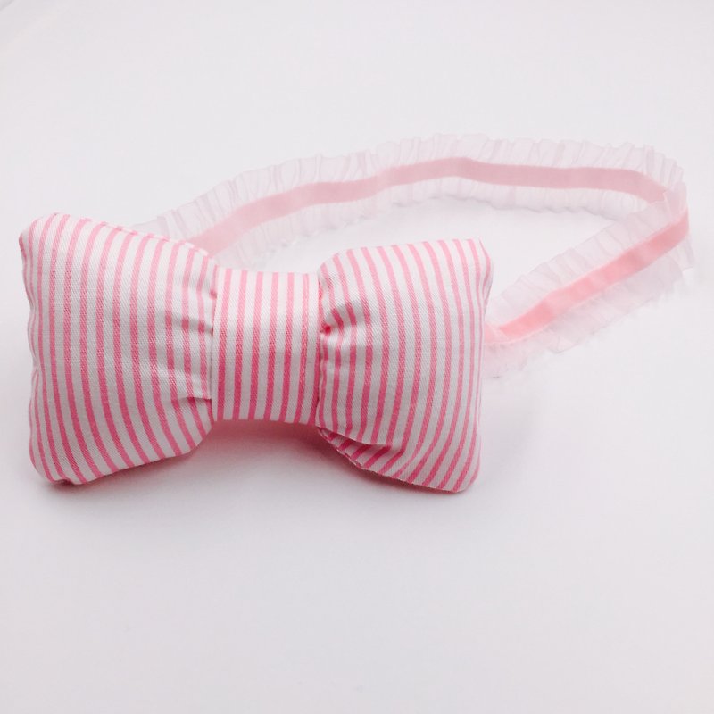 粉色条纹胖胖蝴蝶结发带 - 婴儿帽/发带 - 棉．麻 粉红色