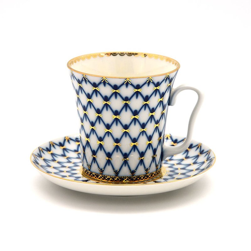 经典网纹系列-钴蓝22K金手工350ml马克杯盘组 - 咖啡杯/马克杯 - 瓷 蓝色