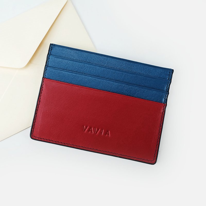 "Red&Navy Blue Trim" Cow Leather Card Holder - 证件套/卡套 - 真皮 红色