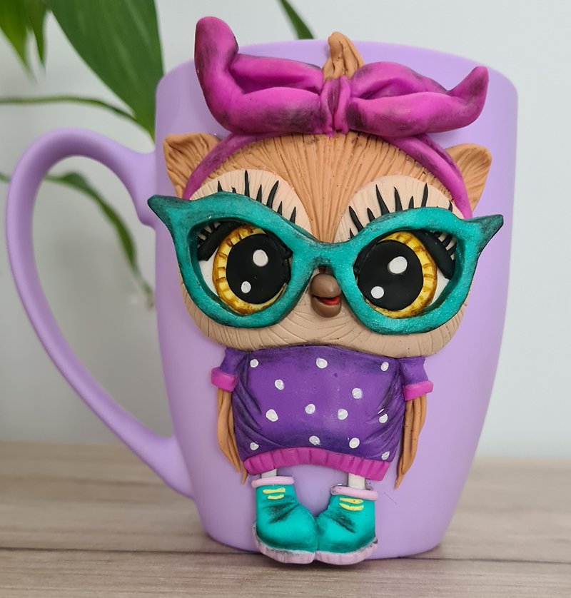Girl Owl On a Mug Handmade Polymer Clay - 咖啡杯/马克杯 - 粘土 紫色