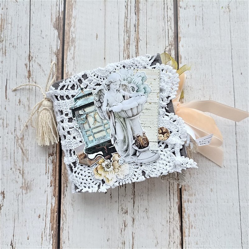 Tiny mint diary Vintage angel junk journal handmade lace for sale homemade blank - 笔记本/手帐 - 纸 白色
