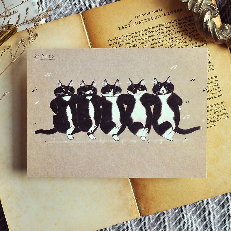 手绘插画猫咪明信片-黑白猫爵士舞 - 卡片/明信片 - 纸 卡其色