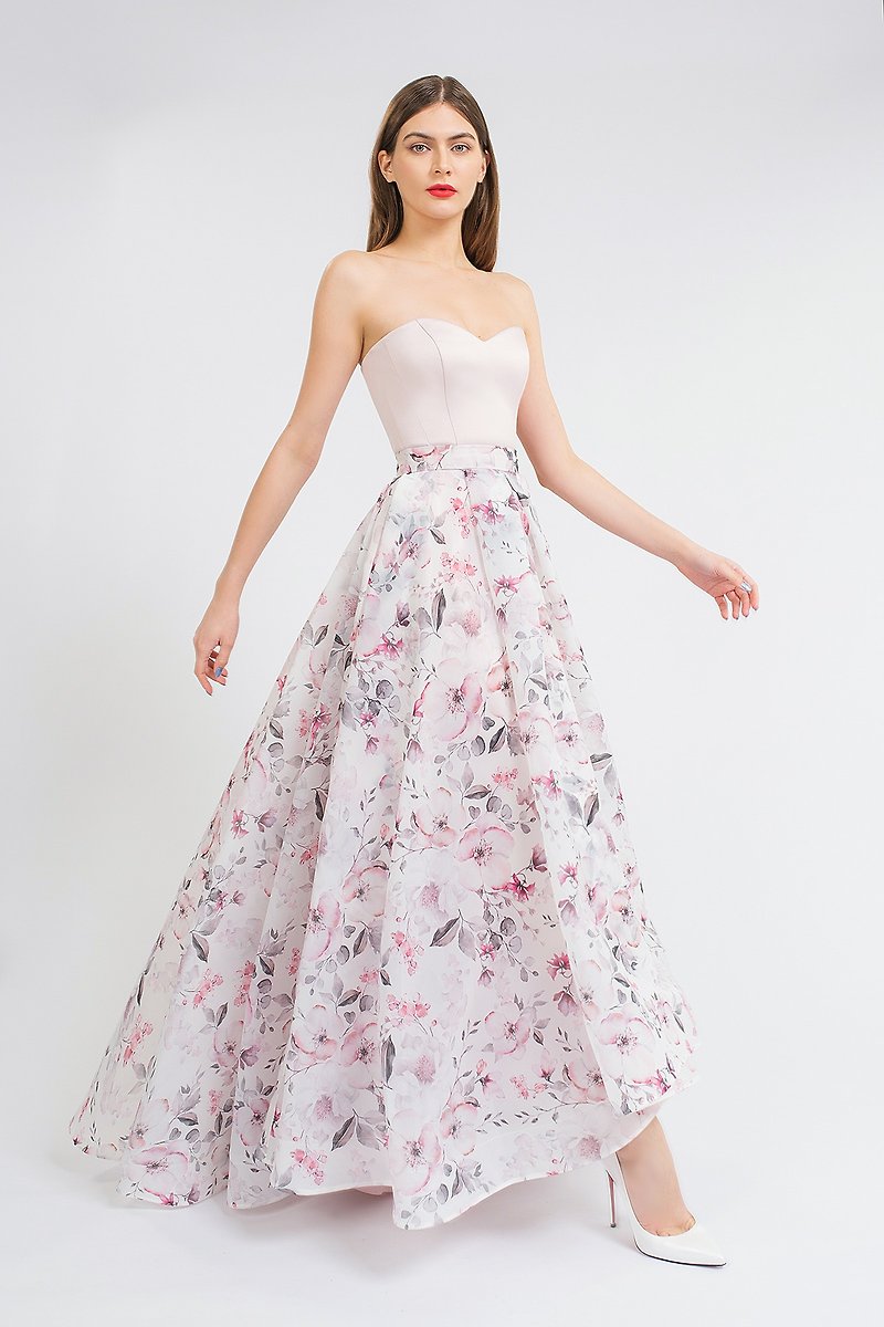 Pink dress Floral print Reception dress Modern wedding dress Romilda - 晚装/礼服 - 聚酯纤维 粉红色