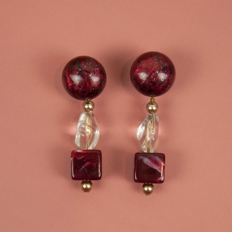 红酒水晶几何耳环 - 耳环/耳夹 - 水晶 红色