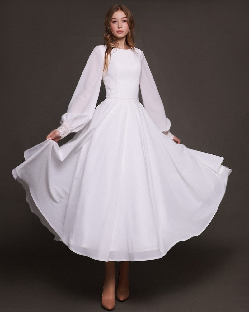 长袖婚纱一条线，简约婚纱 - 晚装/礼服 - 其他材质 白色