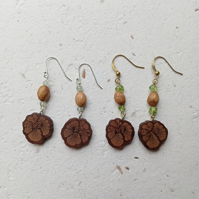 菊花木片与天然石耳环 - 耳环/耳夹 - 木头 咖啡色
