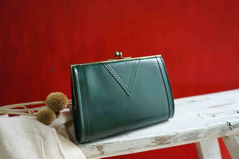 日本寻宝古董包-复古祖母绿手拿口金包 - 皮夹/钱包 - 真皮 绿色