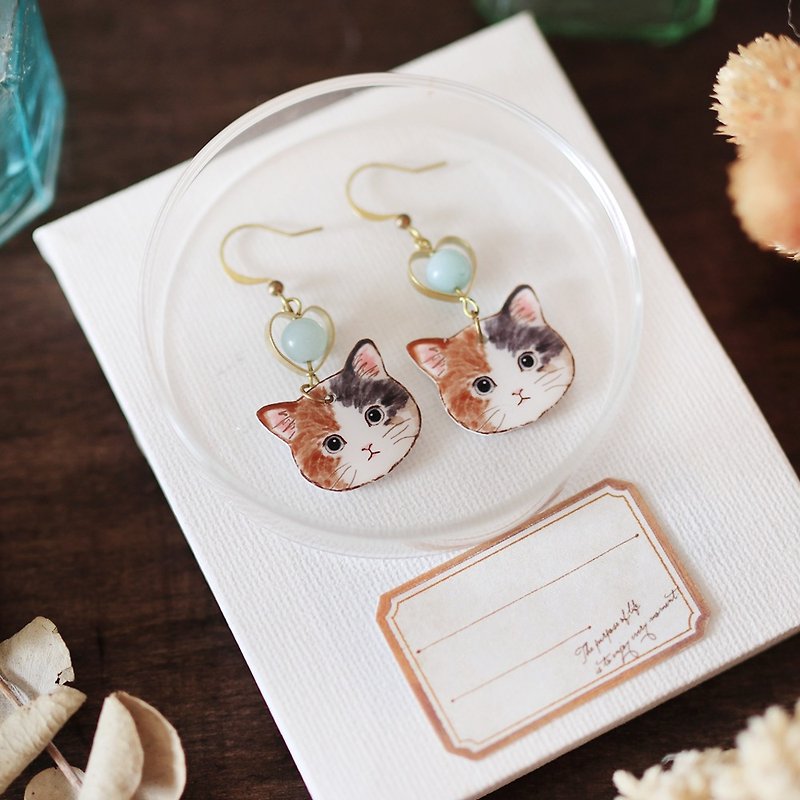 小动物天然石手工耳环-花猫薄荷 可改夹式 - 耳环/耳夹 - 树脂 咖啡色