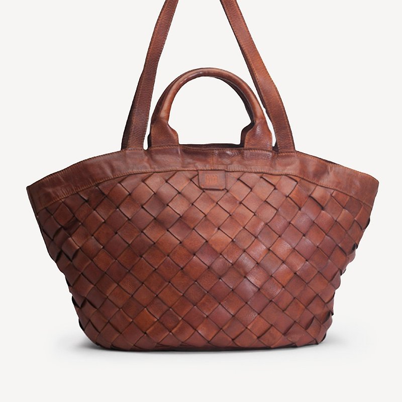 【西班牙BIBA】Lewisburg 手工编织篮型肩背包 棕咖啡 - 手提包/手提袋 - 真皮 咖啡色