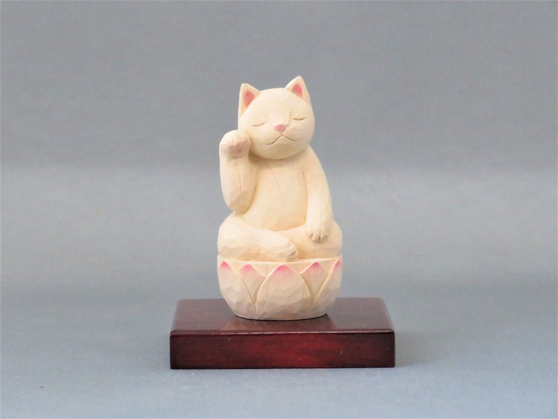 木彫り　右手で招き猫　猫仏2003 - 玩偶/公仔 - 木头 白色
