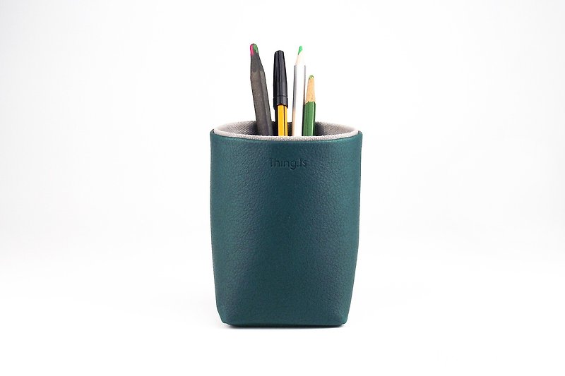 皮革帆布笔筒 桌面收纳 墨绿色 - 笔筒/笔座 - 人造皮革 绿色