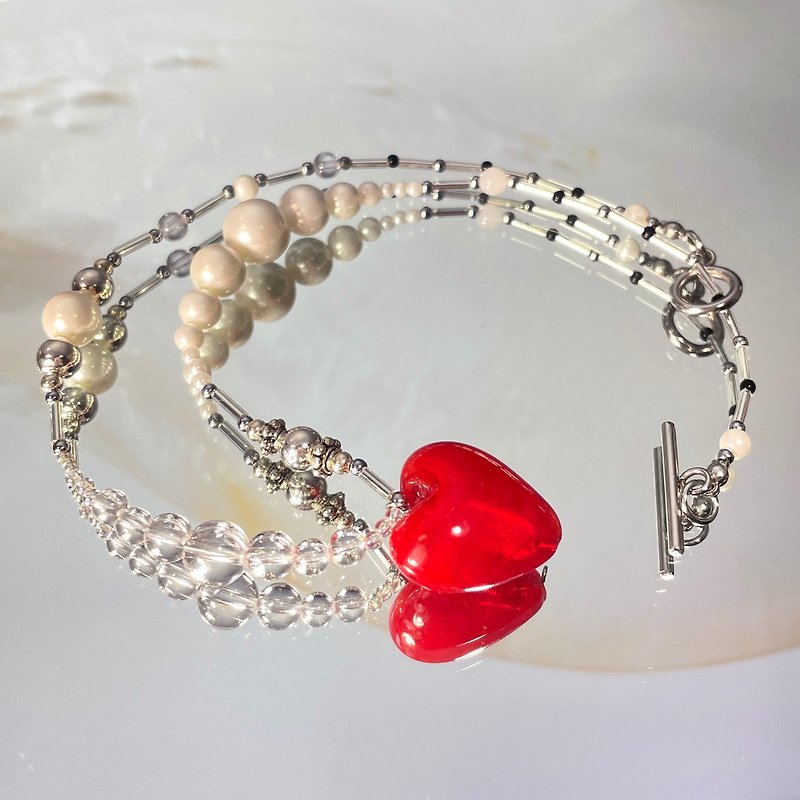 Sea Collection - “美人鱼”玻璃工艺心形项链 - 项链 - 银 红色