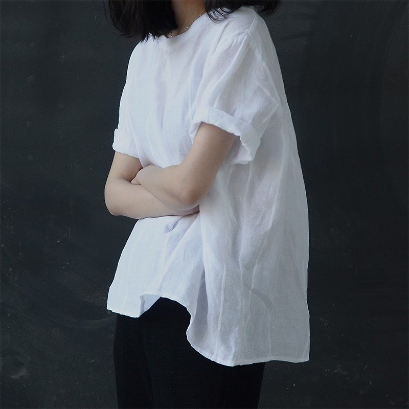 圆领宽松极简白T恤|T恤|圆领|亚麻|独立品牌|Sora - 女装 T 恤 - 棉．麻 白色
