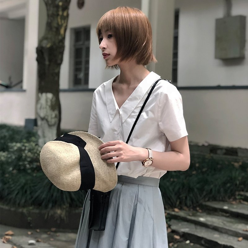 日系小众翻领衬衫|衬衫|棉|独立品牌|Sora-150 - 女装衬衫 - 棉．麻 白色
